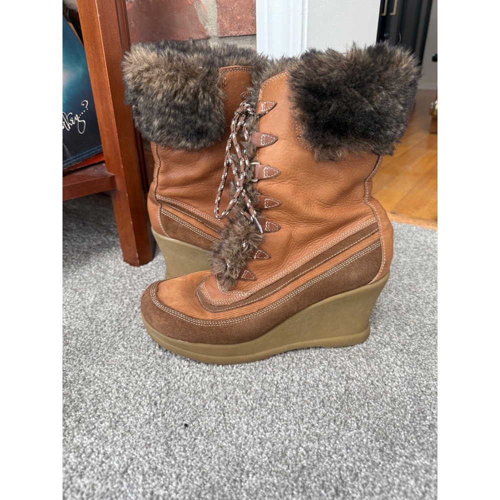 Report Y2k Chunky Boots Women's 8.5 90s Brown‎ Corduroy Wedge Faux Fur VTG